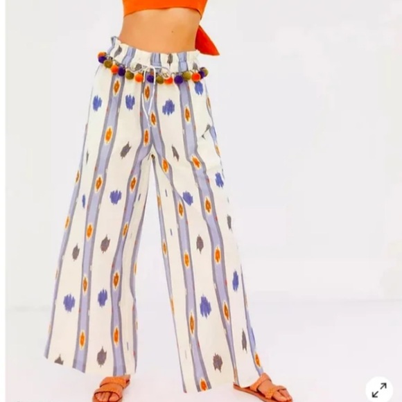 Anthropologie Pants - Anthropologie Ollari Pom Pom‎ Wide leg pants blue ivory orange small